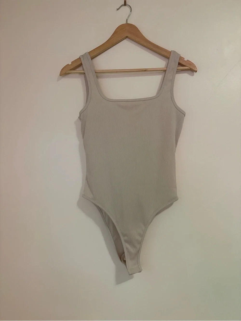 Simple Basic Cream Ribbed One-Piece Bodysuit With Square Neckline - Medium